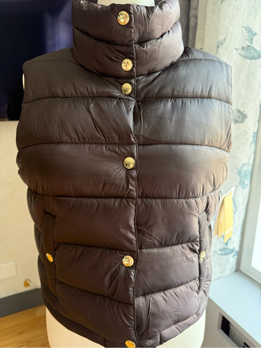 Michael Kors Chocolate Brown Quilted Puffer Vest with Gold Buttons